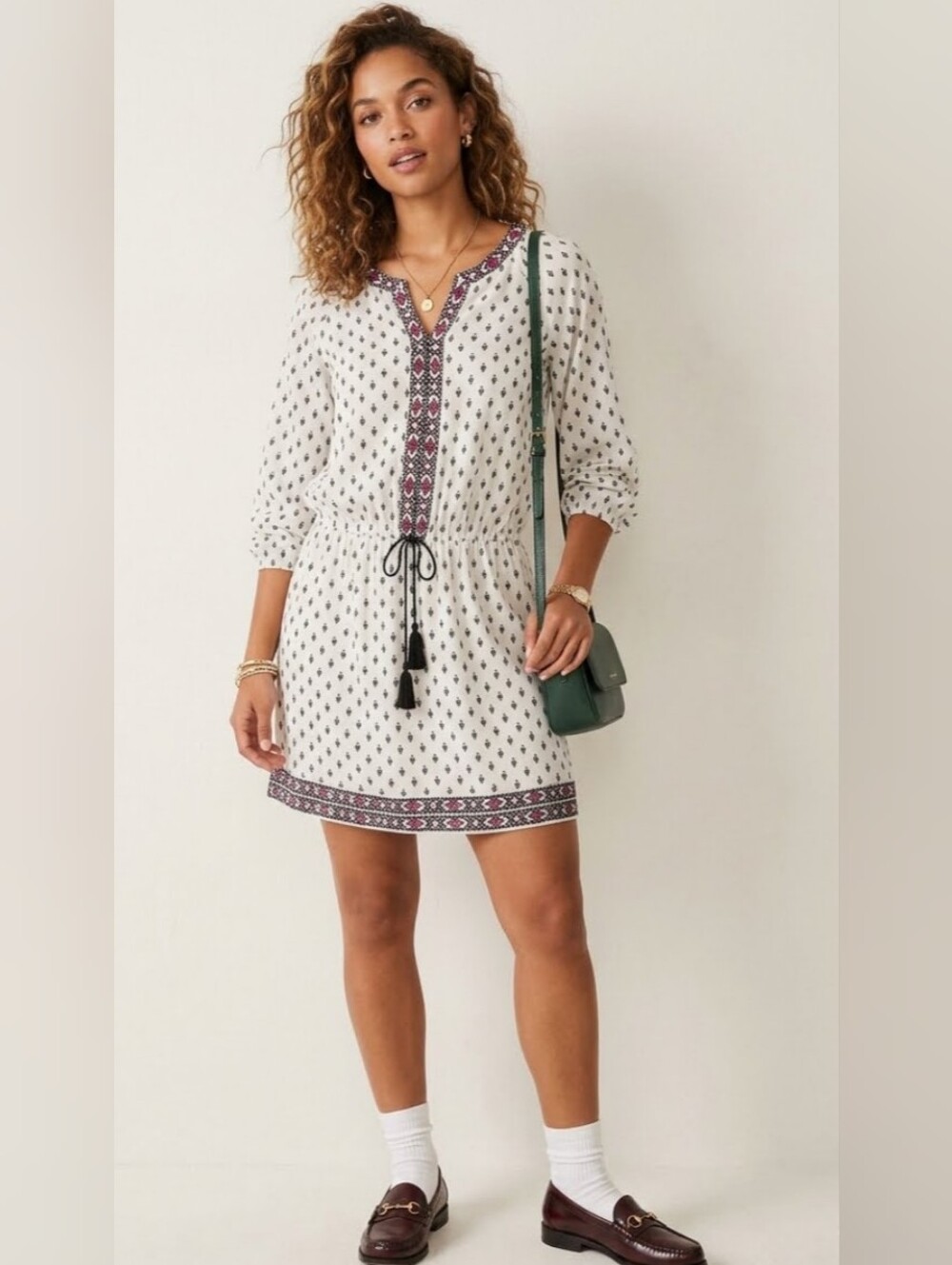 Embroidered V-Neck Drawstring Mini Dress in Cream with Navy & Pink Trim
